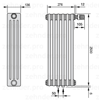 Схема (чертеж) Радиатор Zehnder Charleston 4250/6 №V008 Белый глянцевый RAL 9016